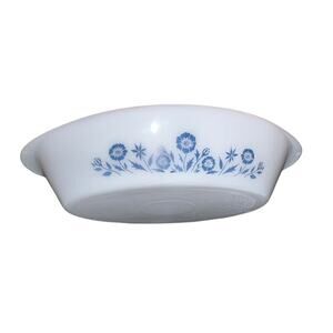 Vintage Milk Glass Divided Casserole Dish Blue Floral Cornflower Style Kitchen